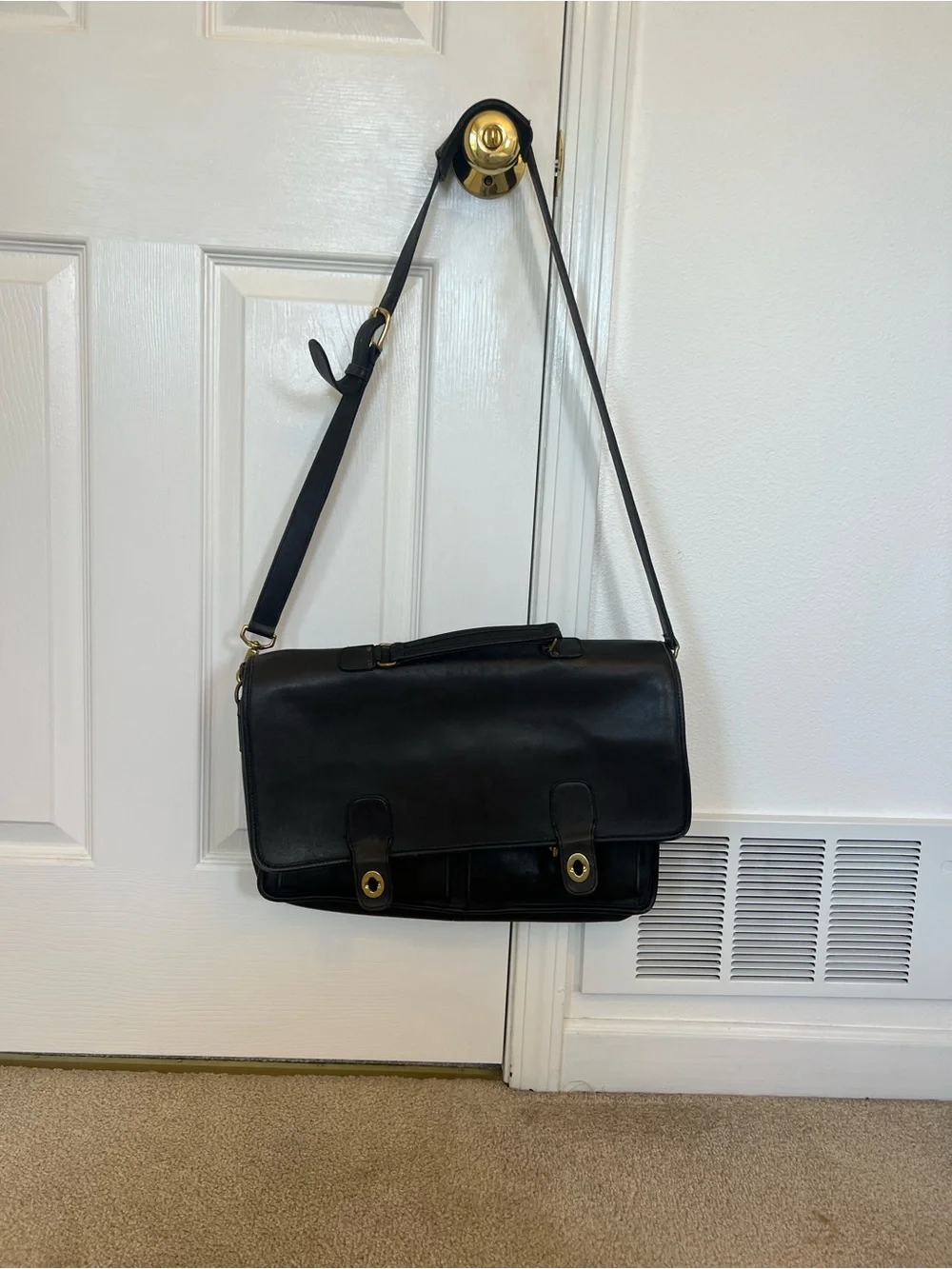 Coach Black Leather Briefcase with Gold Hardware and Detachable Strap